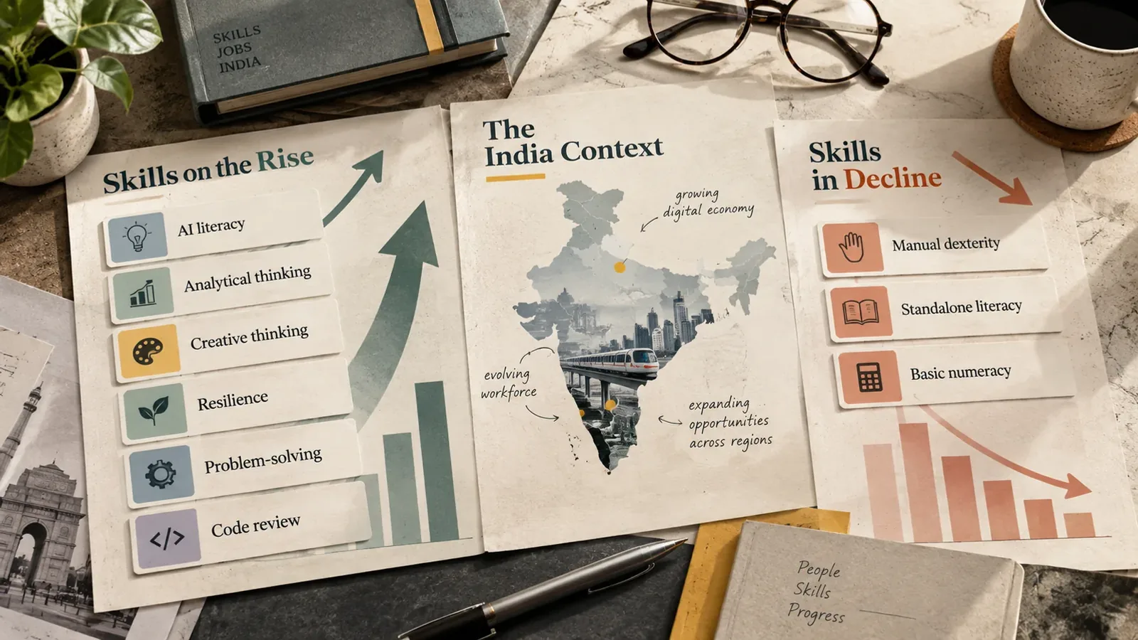 Editorial overview of rising, declining, and India-specific workplace skills.