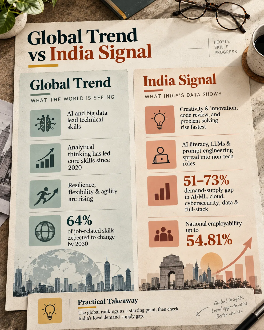 Comparison of global skills trends with India's local demand and employability signals.