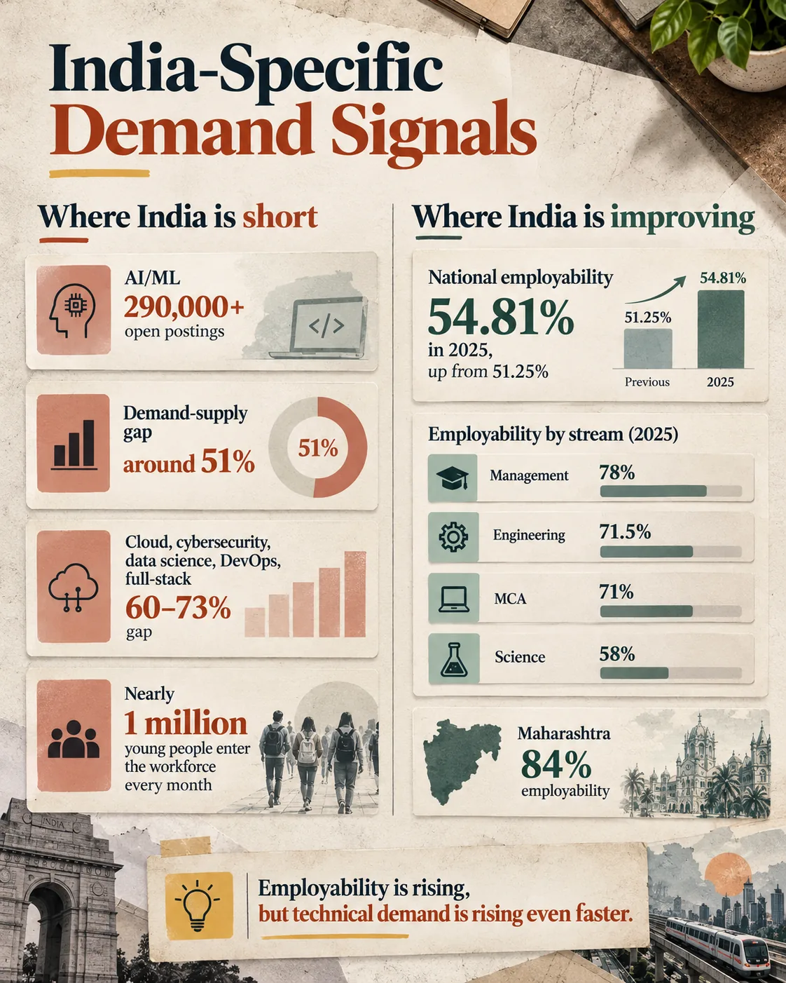 India-specific infographic comparing technical skills gaps with employability signals.