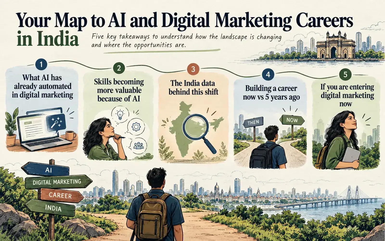 At-a-glance summary of how AI is changing digital-marketing tasks, skills, hiring, and entry routes in India