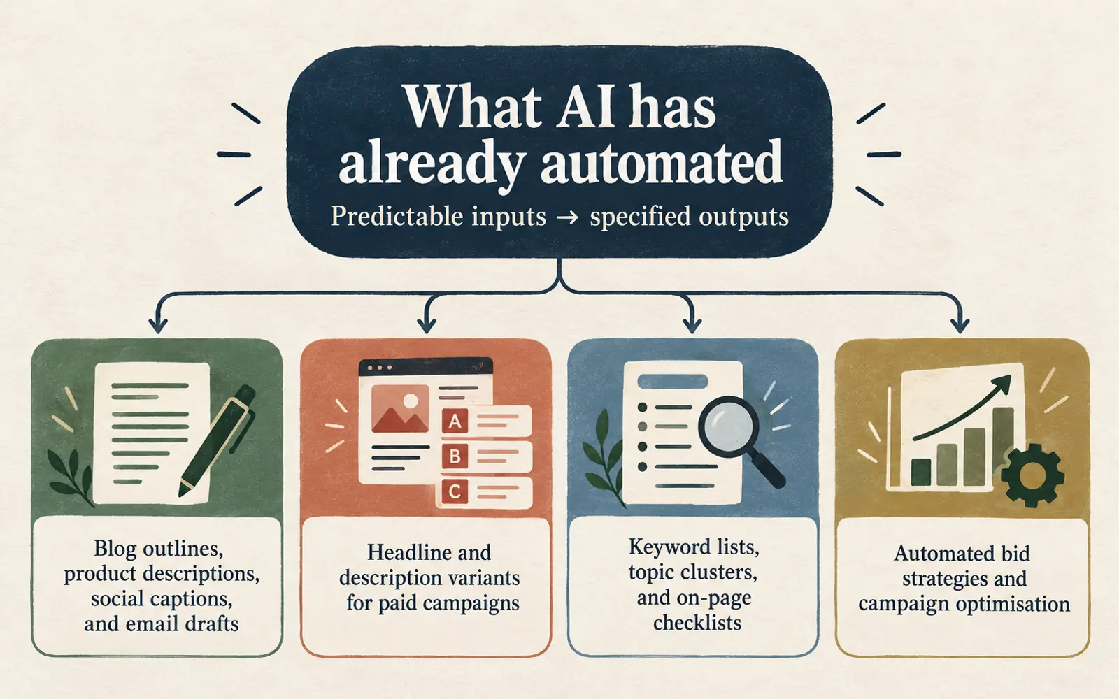 Decision-tree infographic showing predictable digital-marketing tasks that AI and advertising platforms can automate