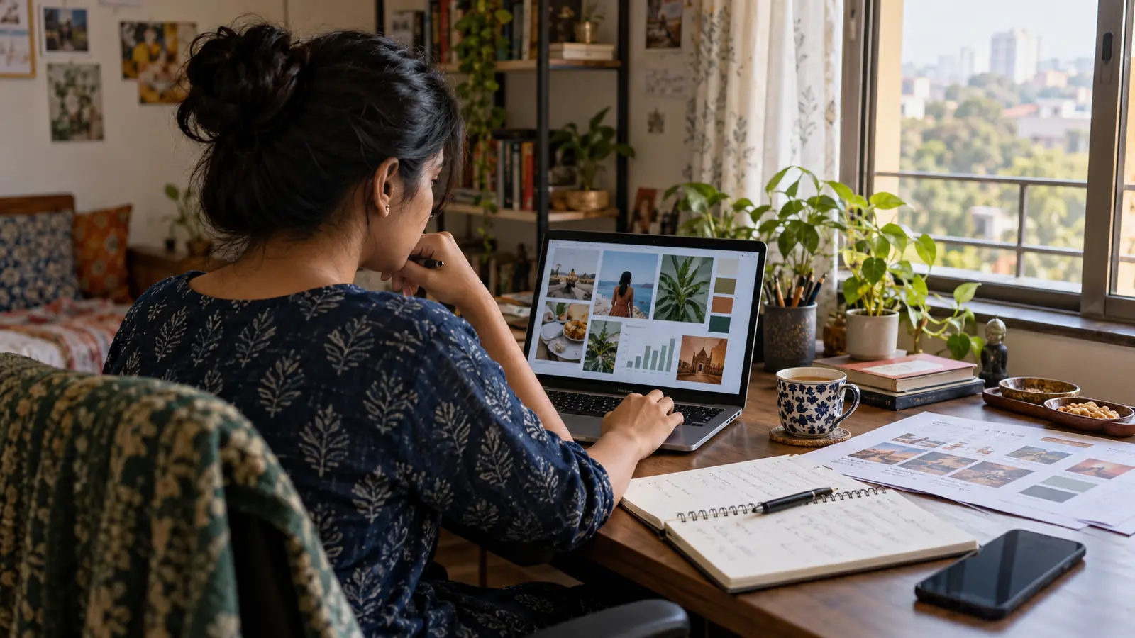 An Indian marketing learner reviews a laptop project beside campaign notes and job descriptions in a naturally lit home study corner