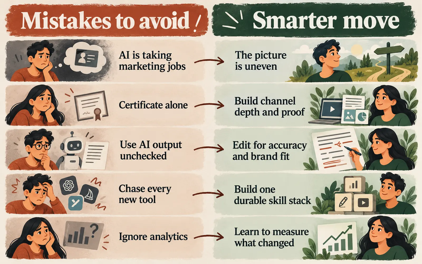 Mistakes-to-smarter-move infographic pairing common AI-era digital-marketing errors with practical career-building responses