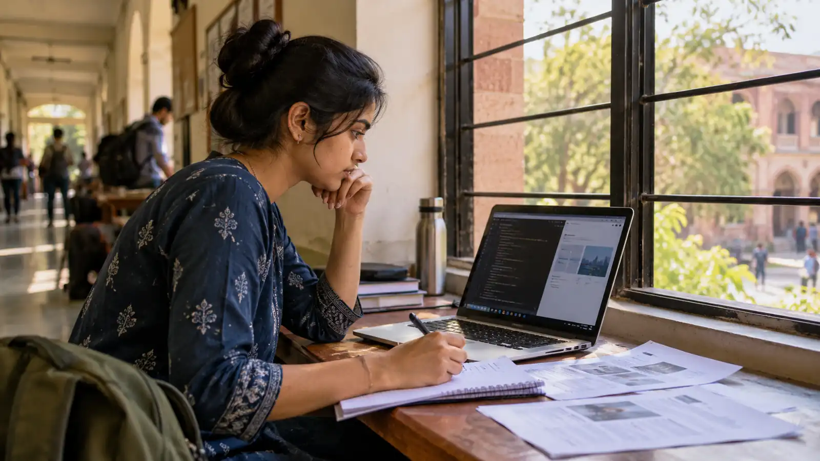 Indian college learner reviews a software project on a laptop beside job descriptions and notes in a sunlit corridor