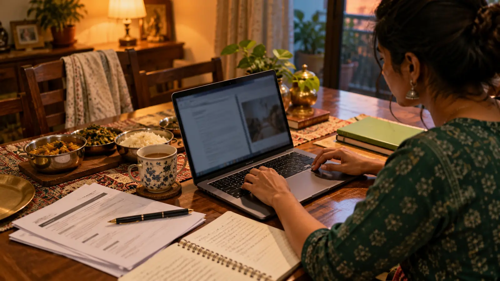 An Indian learner works on a laptop beside a notebook and job documents at a family dining table in warm evening light