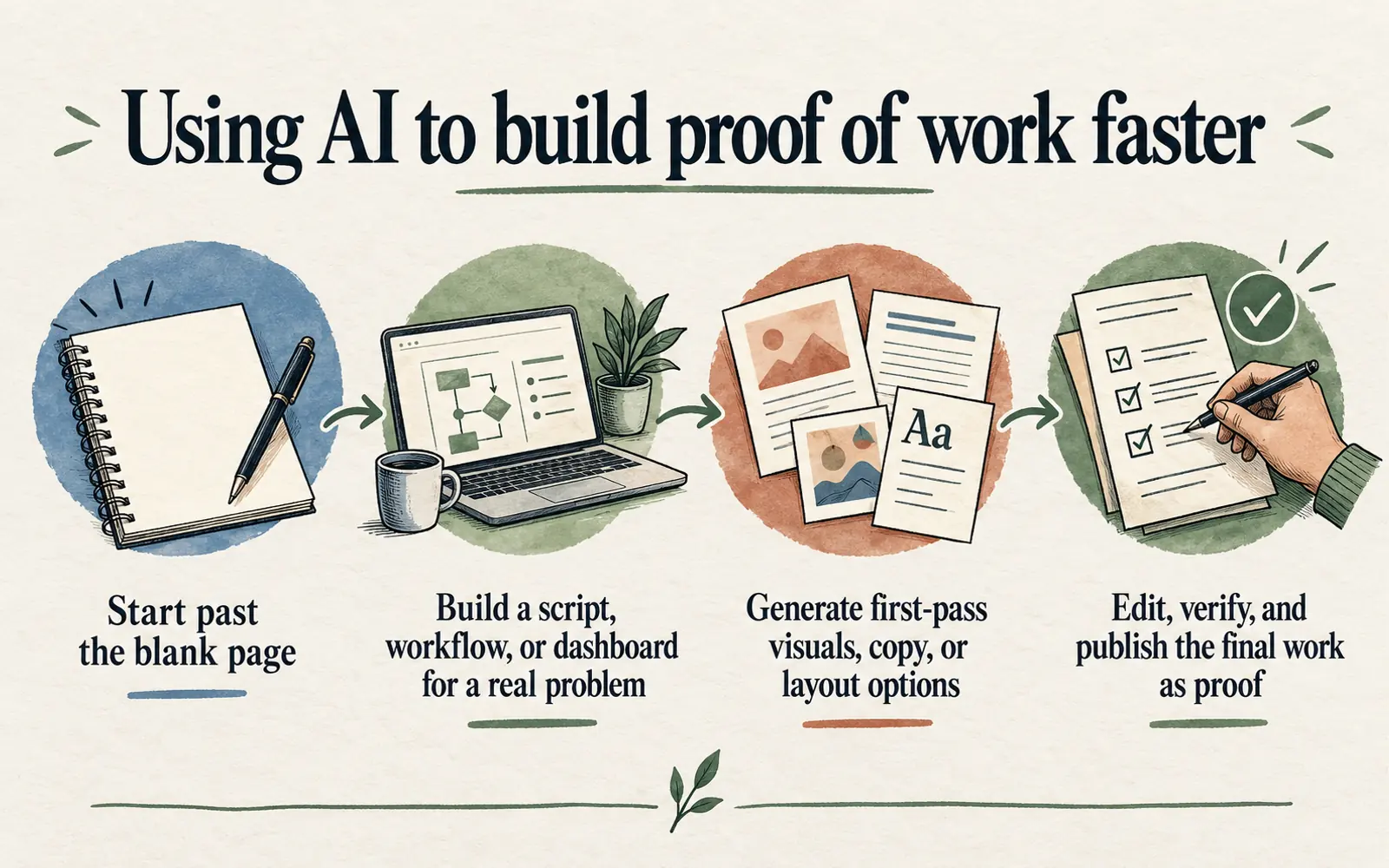Linear roadmap showing how AI can move a learner from a blank page to a verified, published proof-of-work project