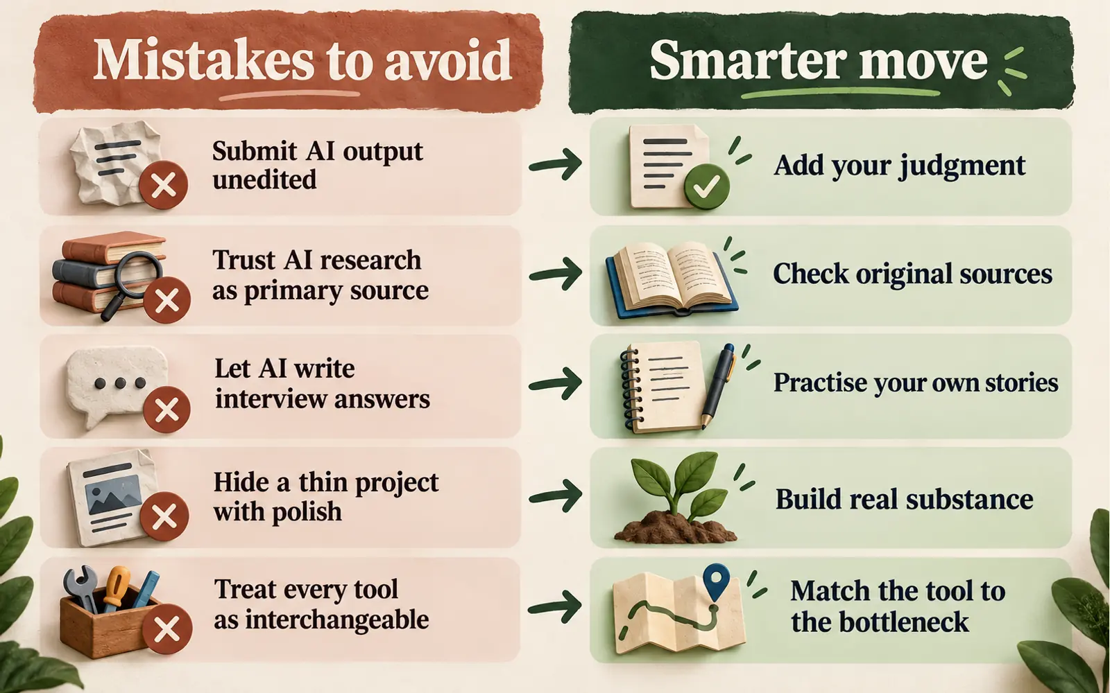 Mistakes-to-smarter-move panel showing how to use AI research, interview, writing, and project tools without outsourcing judgment