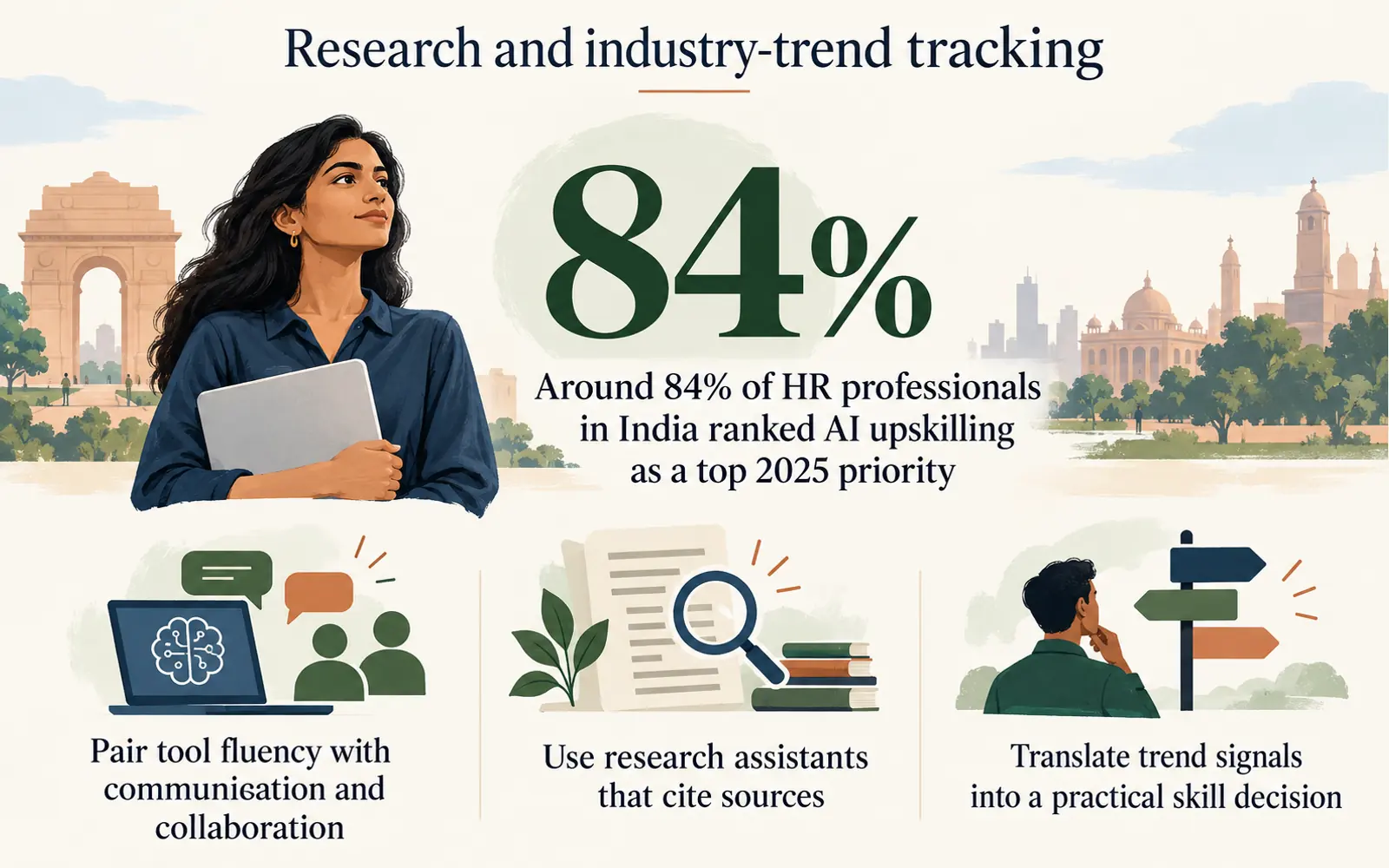 Research panel showing that around 84 percent of Indian HR professionals ranked AI upskilling as a top 2025 priority