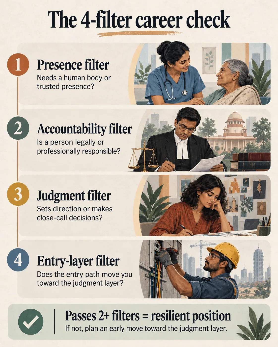 Four-filter check for testing whether a career is resilient to AI automation.