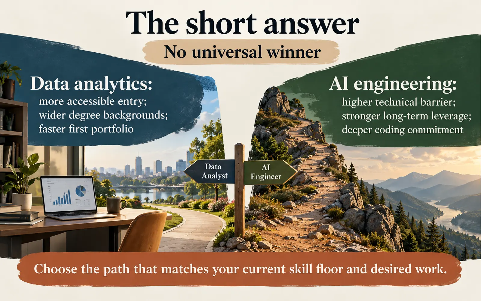 Asymmetrical short answer showing data analytics as the more accessible starting path and AI engineering as the higher-barrier path