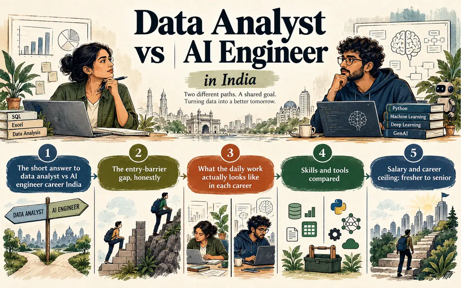 At-a-glance summary of the entry barrier, daily work, skills, and career ceiling for data analysts and AI engineers