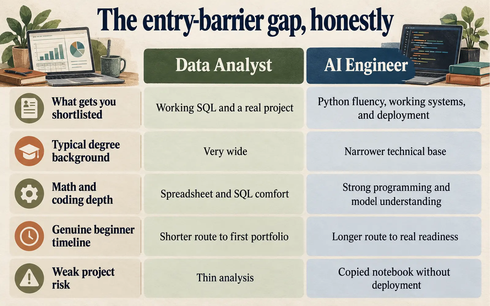 Comparison table showing the honest entry-barrier gap between data analyst and AI engineer roles