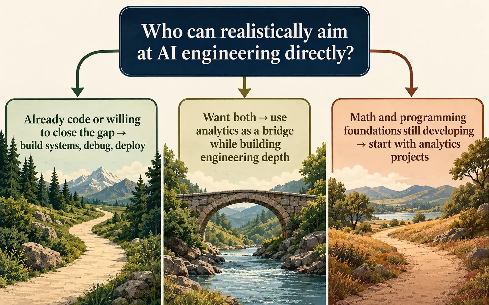 Decision guide showing when to aim directly at AI engineering, start with analytics, or build both paths together