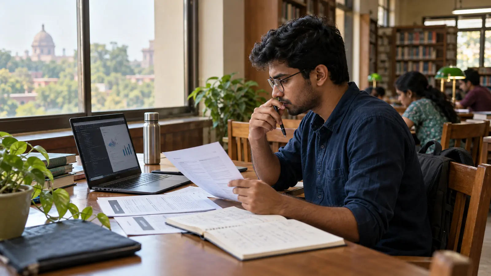 Learner comparing data analyst and AI engineer project notes at a public library table