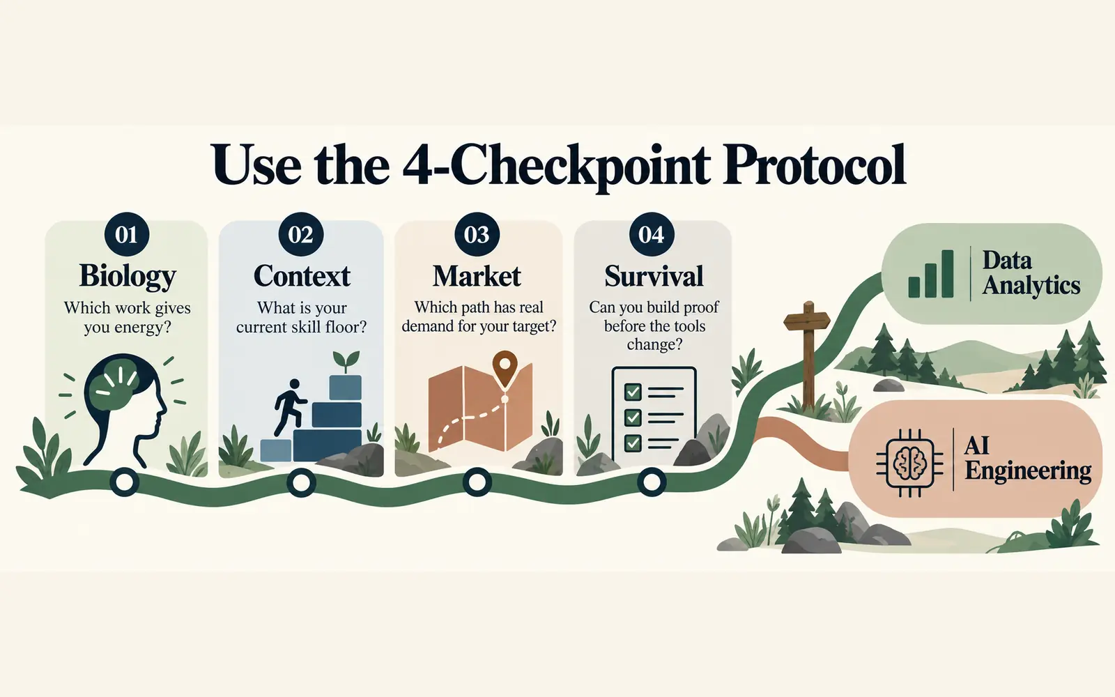 Four-checkpoint decision protocol covering biology, context, market, and survival before choosing a career path