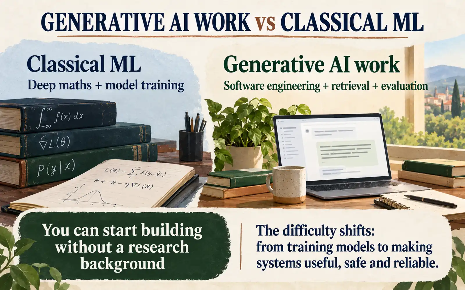 Comparison of classical machine learning and generative AI work, showing deep maths and model training versus software engineering, retrieval and evaluation