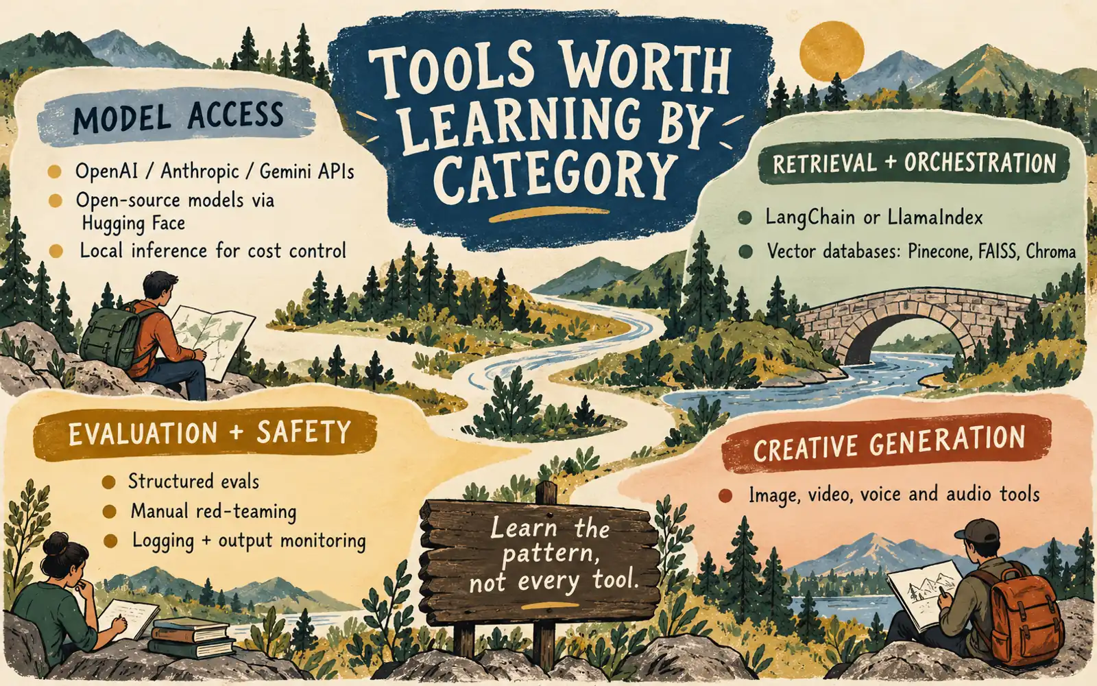 Editorial map of generative AI tools grouped into model access, retrieval and orchestration, evaluation and safety, and creative generation