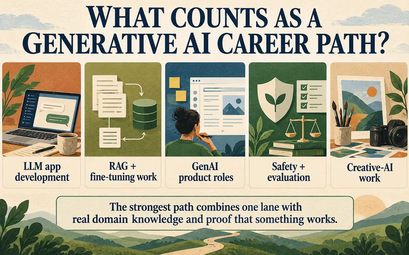 Summary card showing the five main kinds of generative AI work: LLM applications, RAG and fine-tuning, product, safety and evaluation, and creative AI