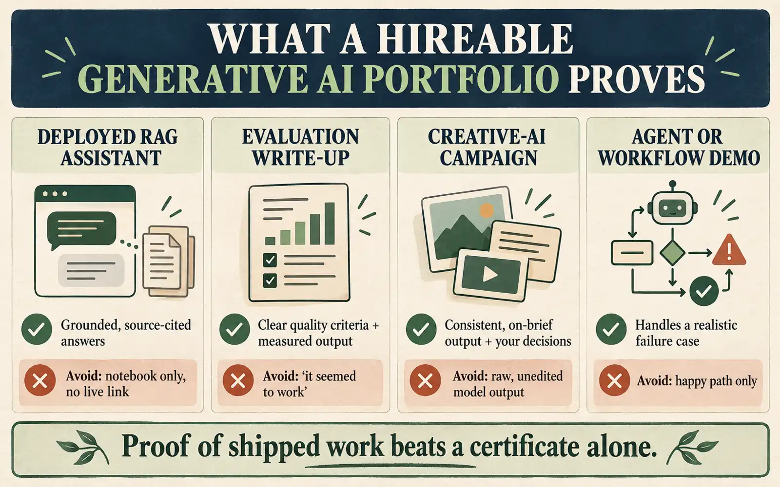 Portfolio comparison showing what a deployed RAG assistant, evaluation write-up, creative AI campaign, and agent workflow demo must prove