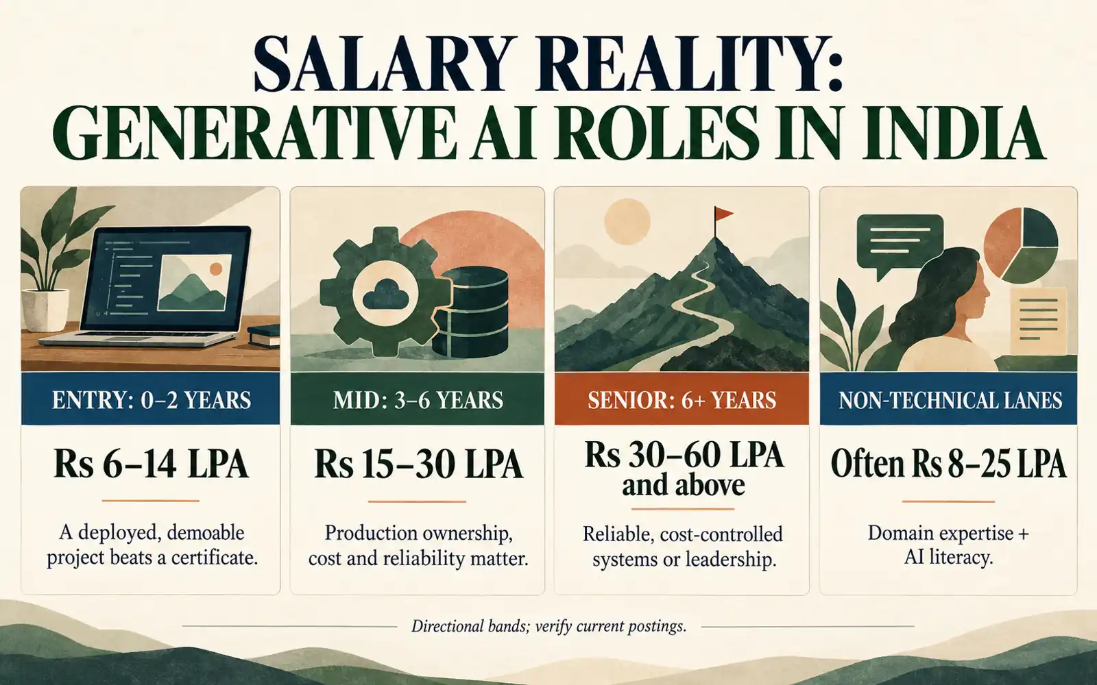 Salary reality table for generative AI roles in India, comparing entry, mid-level, senior and non-technical career stages with directional pay bands