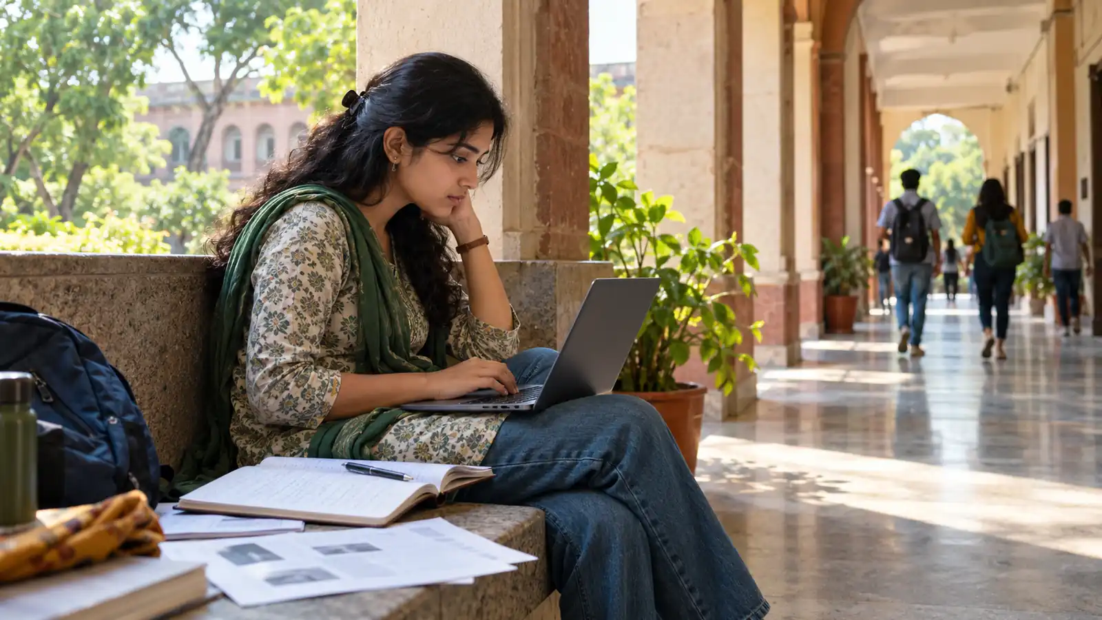 Indian college learner working on a laptop with notes and project papers on a sunlit campus corridor bench, illustrating a practical generative AI career path
