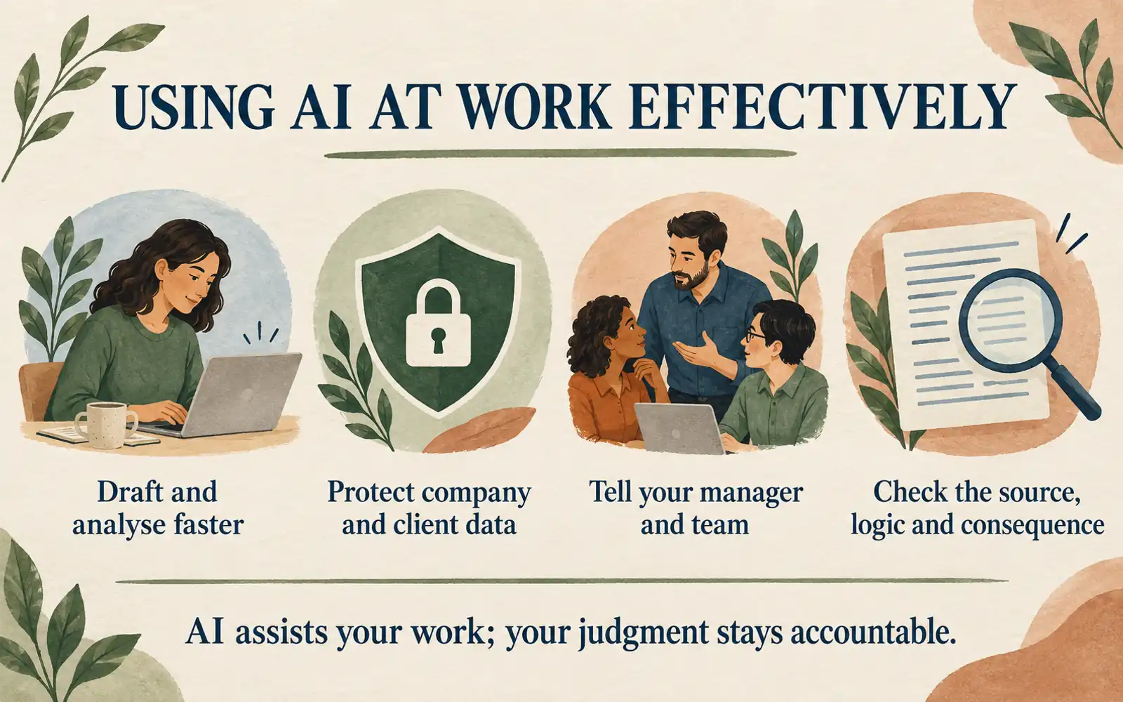 Summary of effective AI use at work: faster drafting and analysis, protected company data, transparent disclosure, and source, logic, and consequence checks
