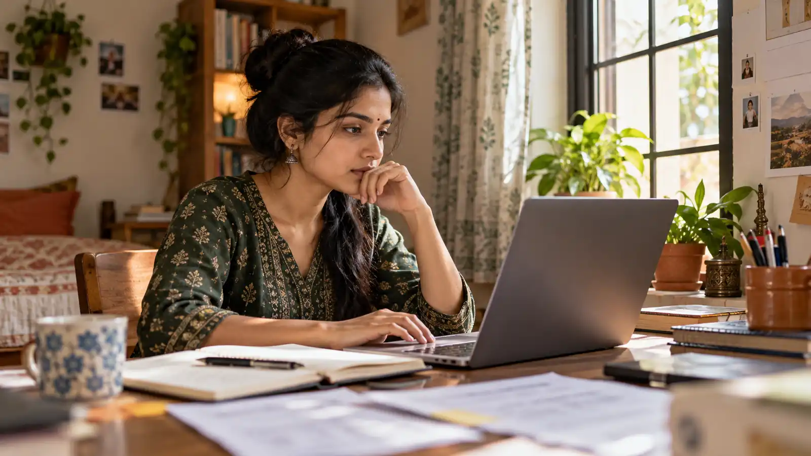 Indian professional reviewing AI-assisted work at a laptop in a sunlit home study, with a notebook and work papers nearby