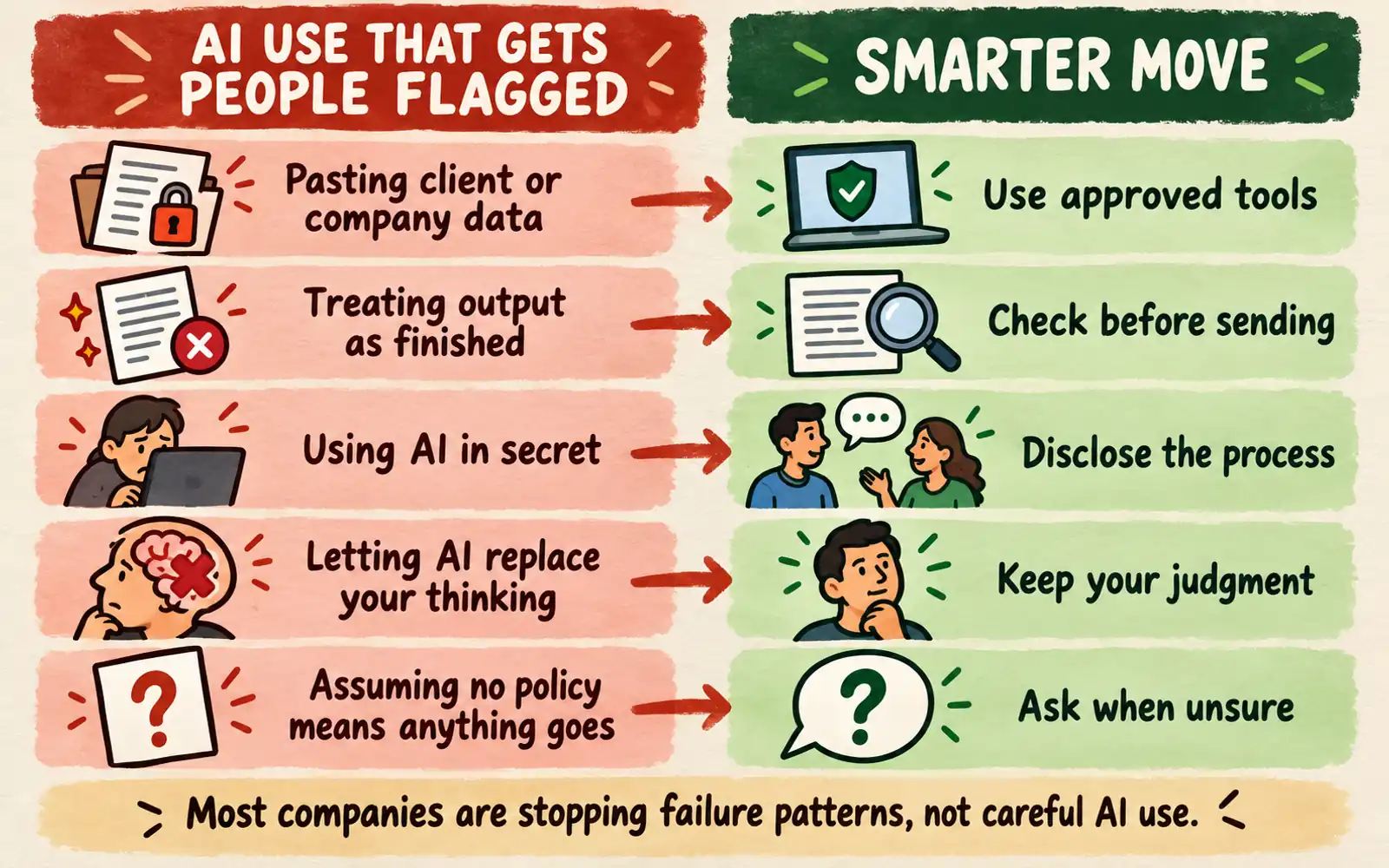Mistakes-versus-smarter-move panel showing why people get flagged for unsafe AI use and how to use approved tools, check output, disclose the process, keep judgment, and ask when unsure