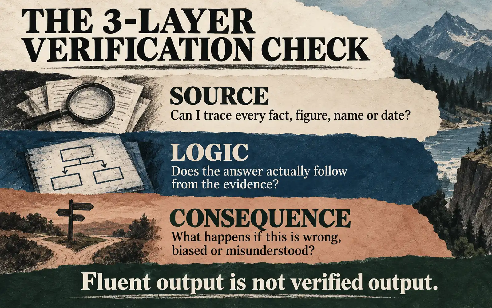 Three-layer verification check for AI-assisted work: trace the source, test the logic, and consider the consequence if the output is wrong or misunderstood
