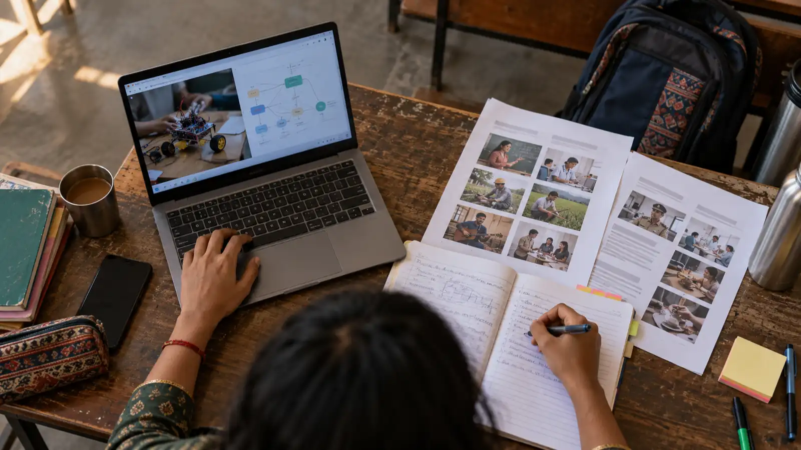 Indian learner works on a laptop at a classroom desk with a notebook and practical project papers after hours