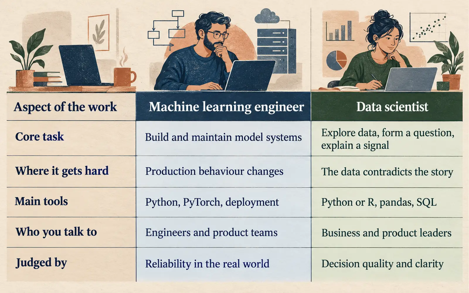 Asymmetrical comparison showing machine learning engineering's higher engineering leverage and data science's broader entry and business proximity