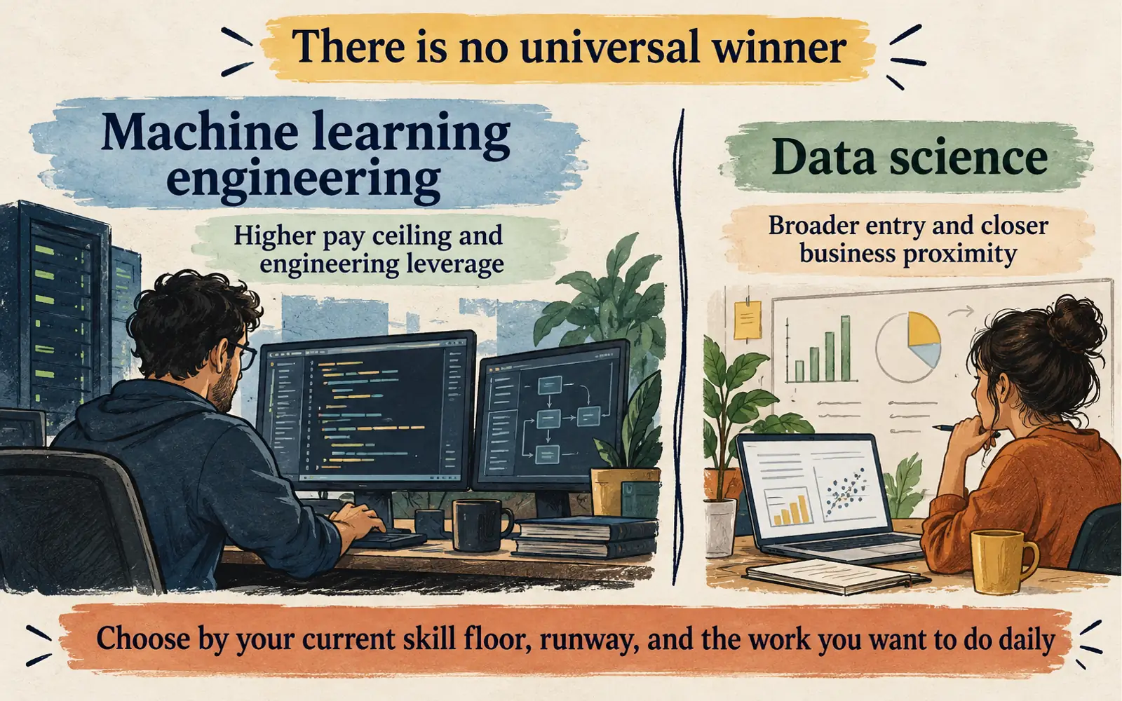 Summary comparison of machine learning engineering and data science daily work, math depth, tools, entry path, and hiring bar