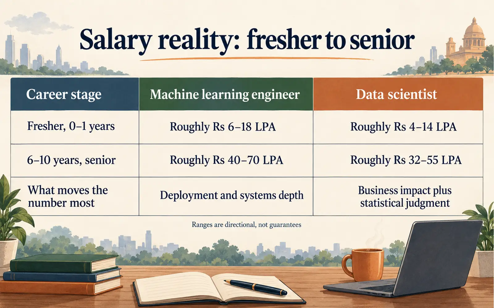 Comparison table of machine learning engineer and data scientist core tasks, hard parts, tools, collaborators, and measures of success