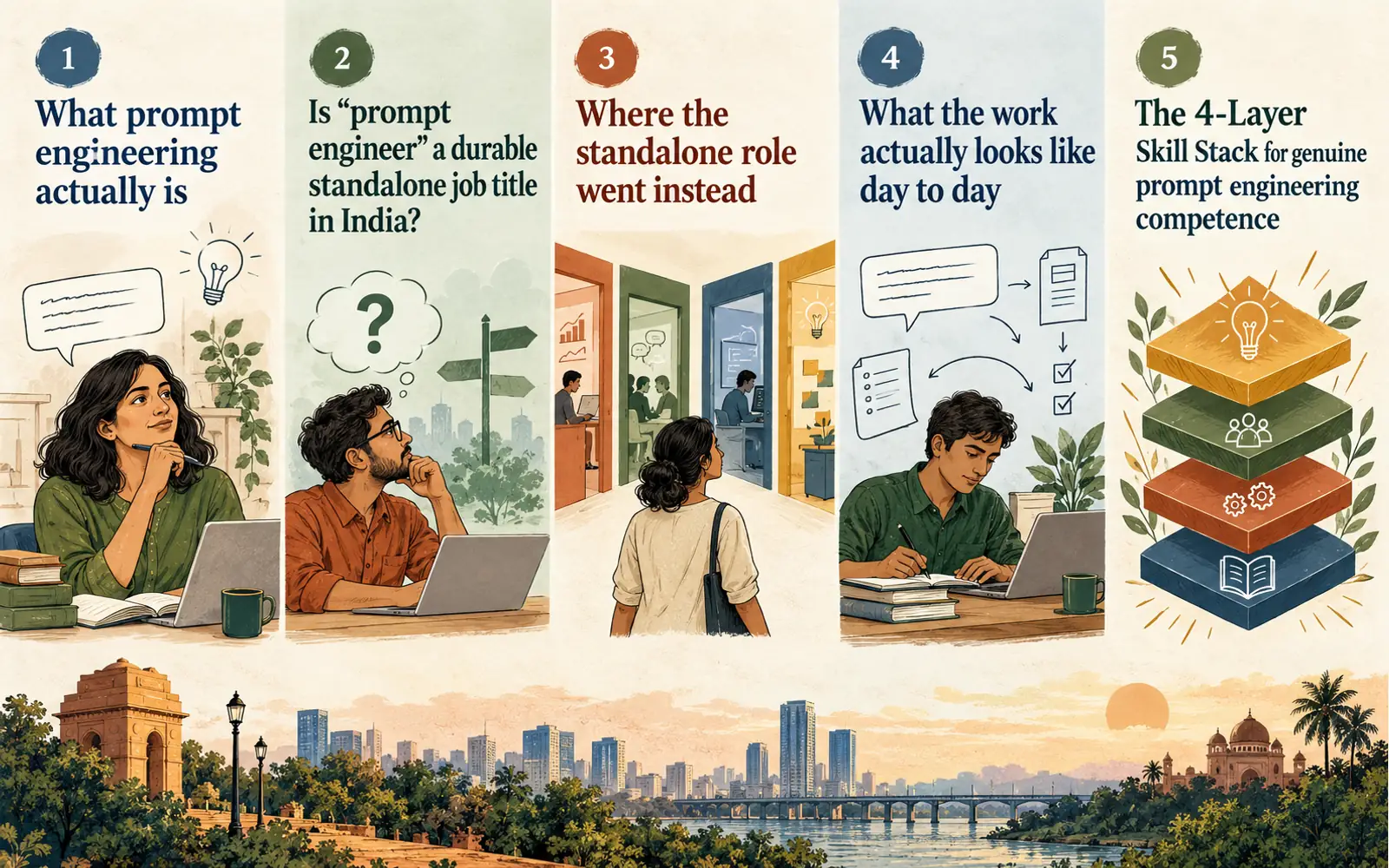 Summary of prompt engineering's real work, job-title durability, career paths, and four-layer skill stack in India