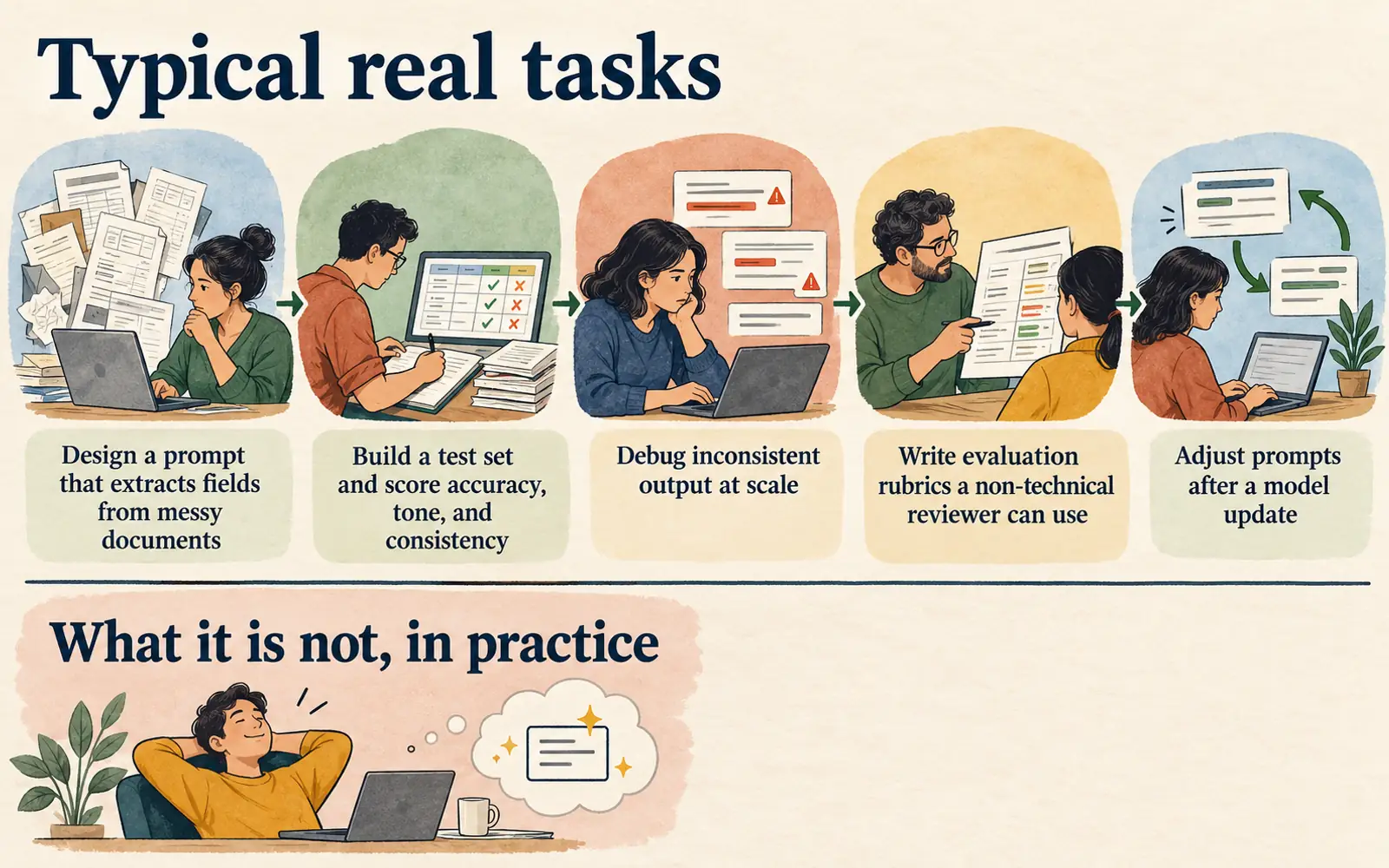Chronological sequence of prompt engineering tasks: designing prompts, testing outputs, debugging inconsistency, writing evaluation rubrics, and iterating after model updates