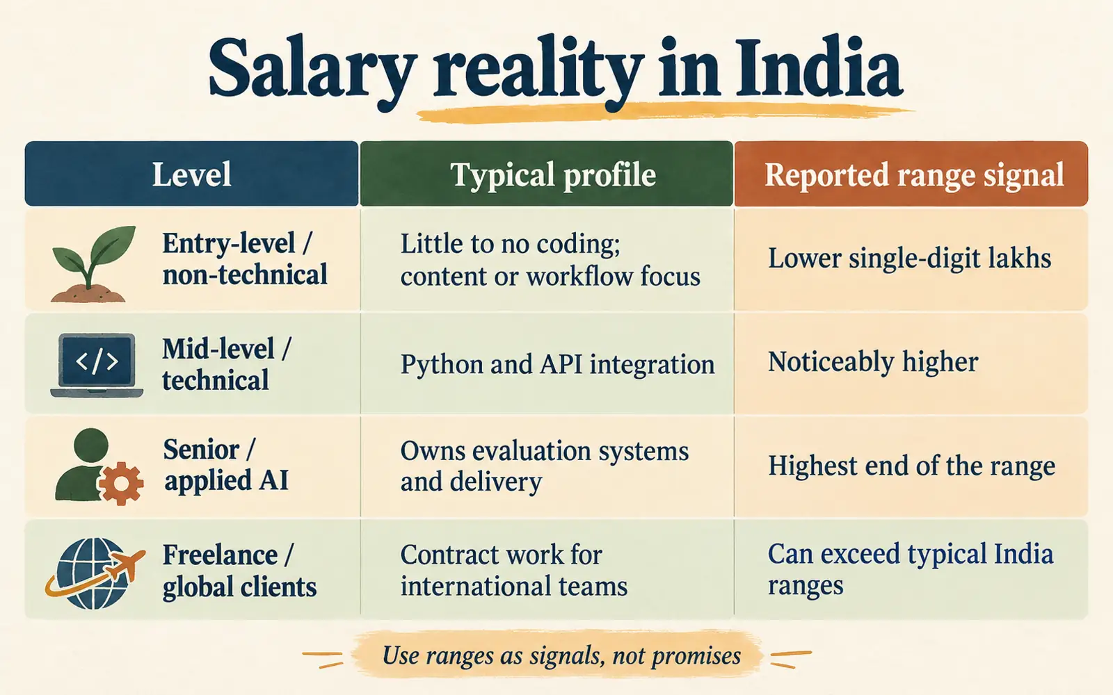 Comparison table showing reported prompt engineering salary signals by profile, from entry-level non-technical work to senior applied AI and global freelance work