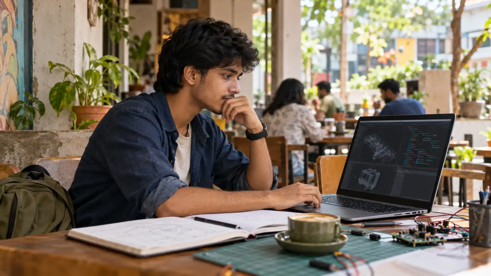 Indian graduate working at a cafe on a laptop beside graph paper, a notebook, and a small circuit board while considering prompt engineering work