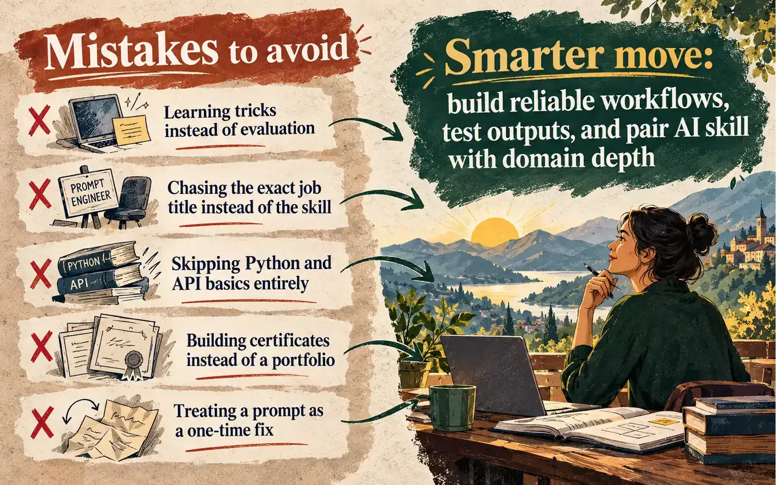 Mistakes-versus-smarter-move panel contrasting prompt-engineering title chasing and certificate collecting with evaluation, workflows, and domain depth