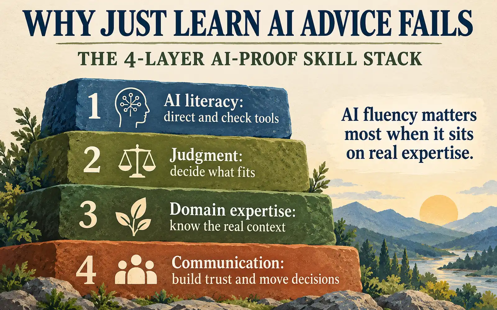 Summary of the four-layer AI-proof skill stack: AI literacy, judgment, domain expertise, and communication and relationship skills