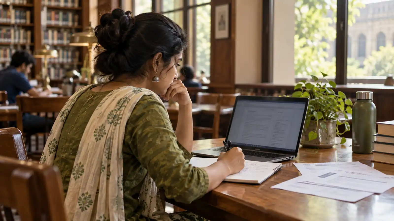 Indian learner working at a library table with a laptop project, notebook, and job papers, illustrating how to build skills that work alongside AI