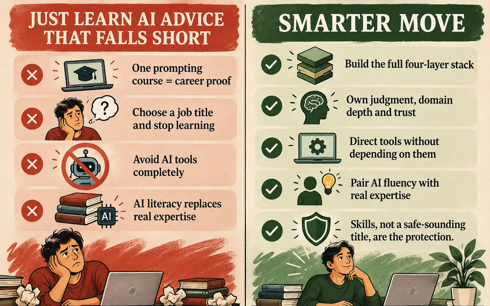Mistakes-versus-smarter-move panel explaining why one prompting course, a safe job title, avoiding AI, or AI literacy alone does not protect a career