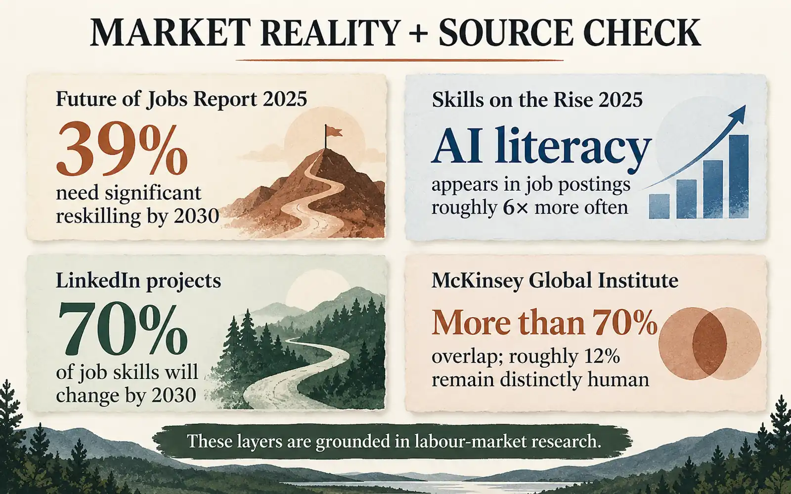 Source-check panel summarising the Future of Jobs Report, LinkedIn Skills on the Rise, LinkedIn projections, and McKinsey findings about human skills