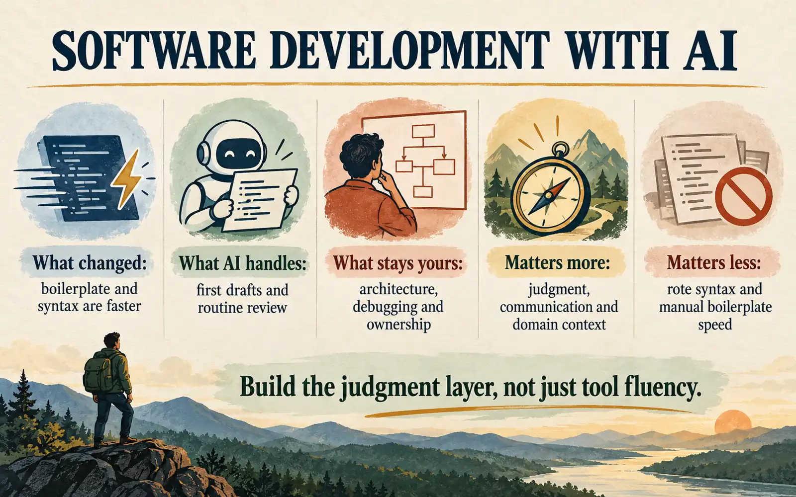 Summary card showing what AI changed in software development, what AI handles, what remains the developer's job, and which skills matter more or less