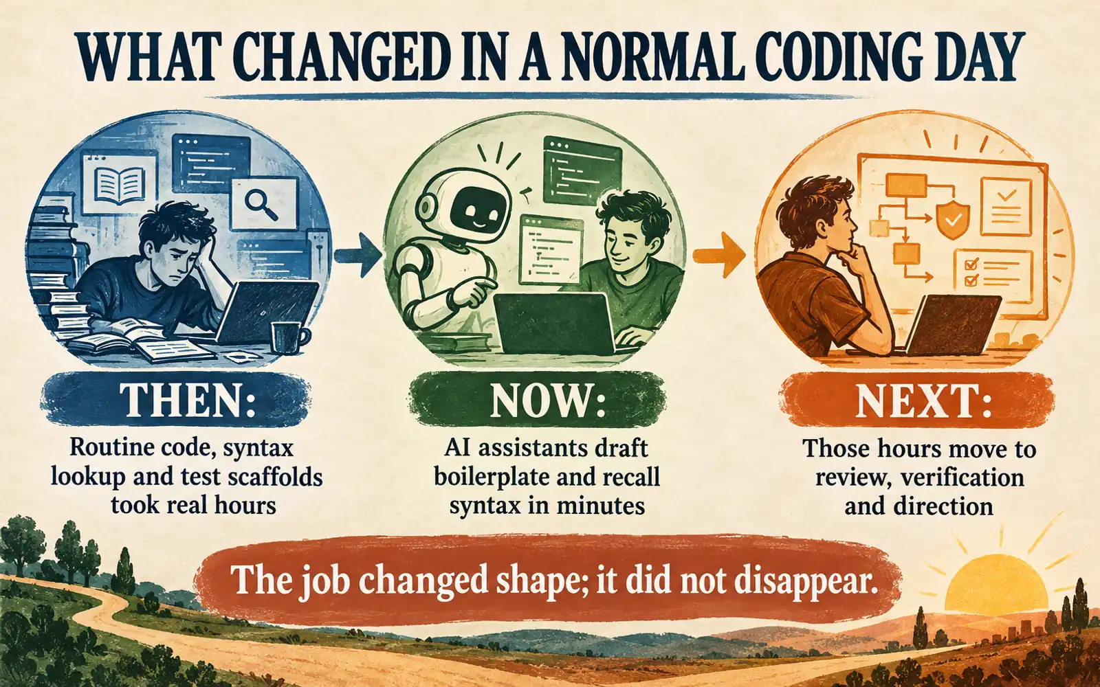 Timeline showing how software development moved from routine code and syntax lookup to AI-assisted drafts, then toward review, verification, and direction