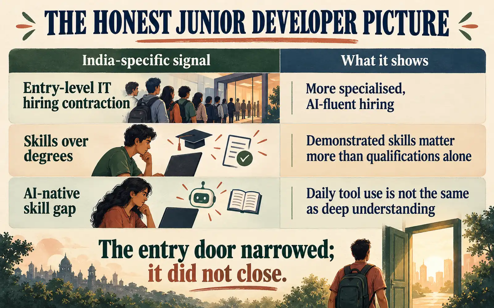 Comparison table showing three India-specific junior developer signals: tighter entry hiring, greater value placed on demonstrated skills, and a gap between tool use and deep AI understanding