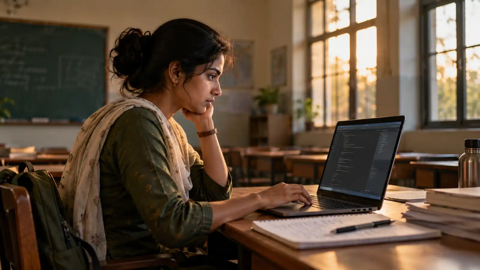 Indian learner coding on a laptop in a sunlit classroom after hours, with a notebook and project papers nearby