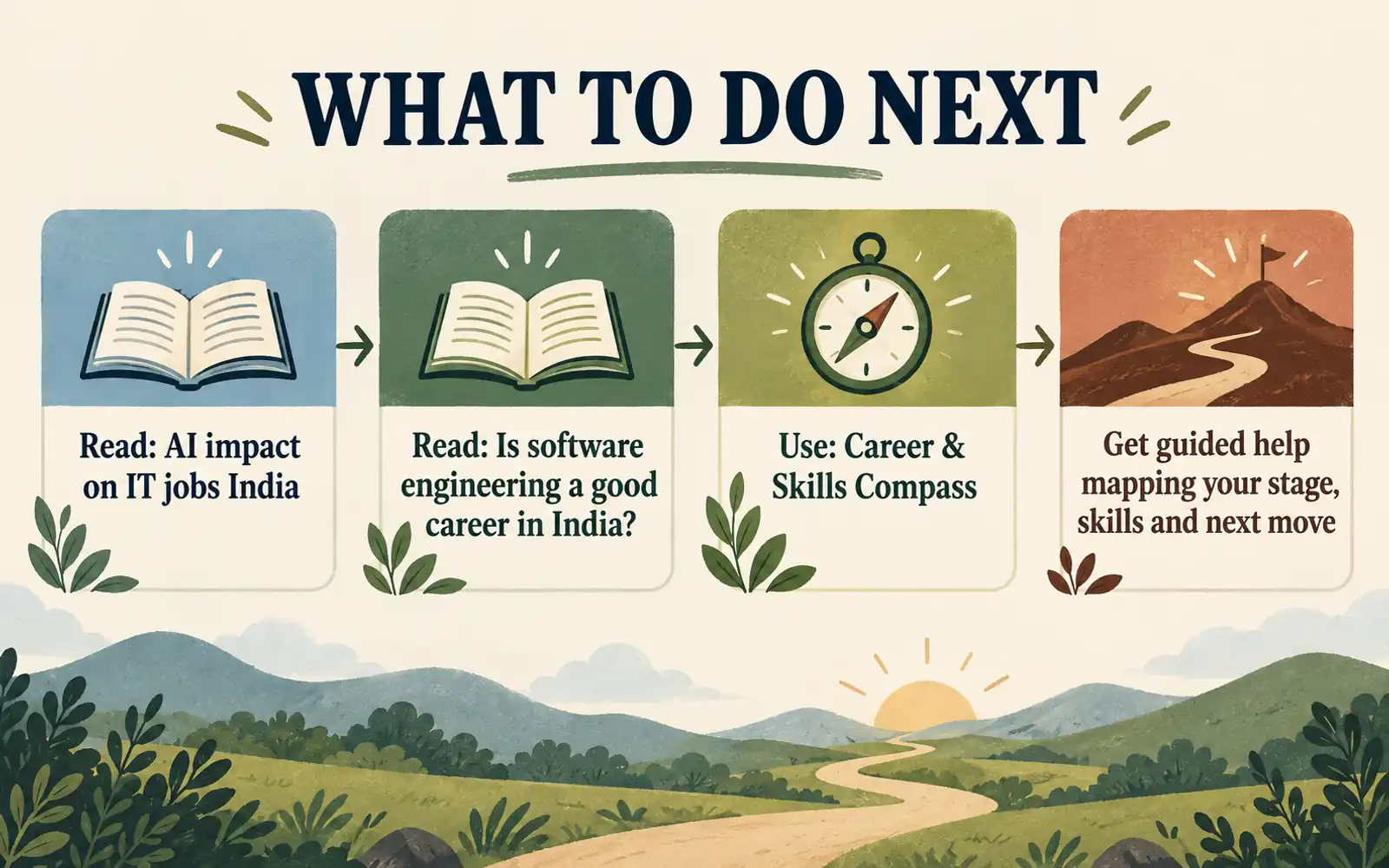 Four-step next-action plan for software developers: read the wider AI jobs picture, evaluate software engineering, use the Career and Skills Compass, and seek guided help
