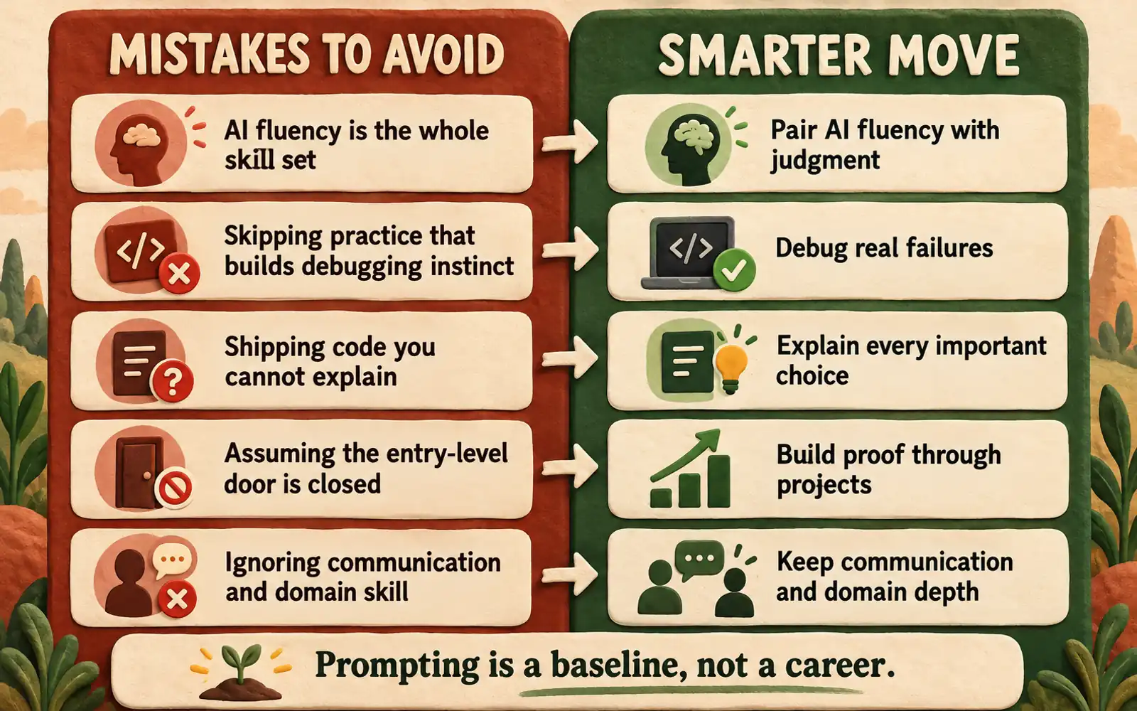 Mistakes-versus-smarter-move panel for software developers, covering AI fluency, debugging practice, explainable code, entry-level confidence, communication, and domain skill