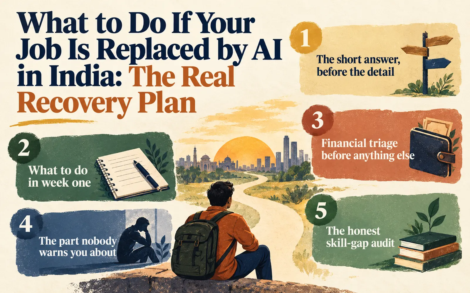 Summary card listing the recovery sequence after a job is replaced by AI in India