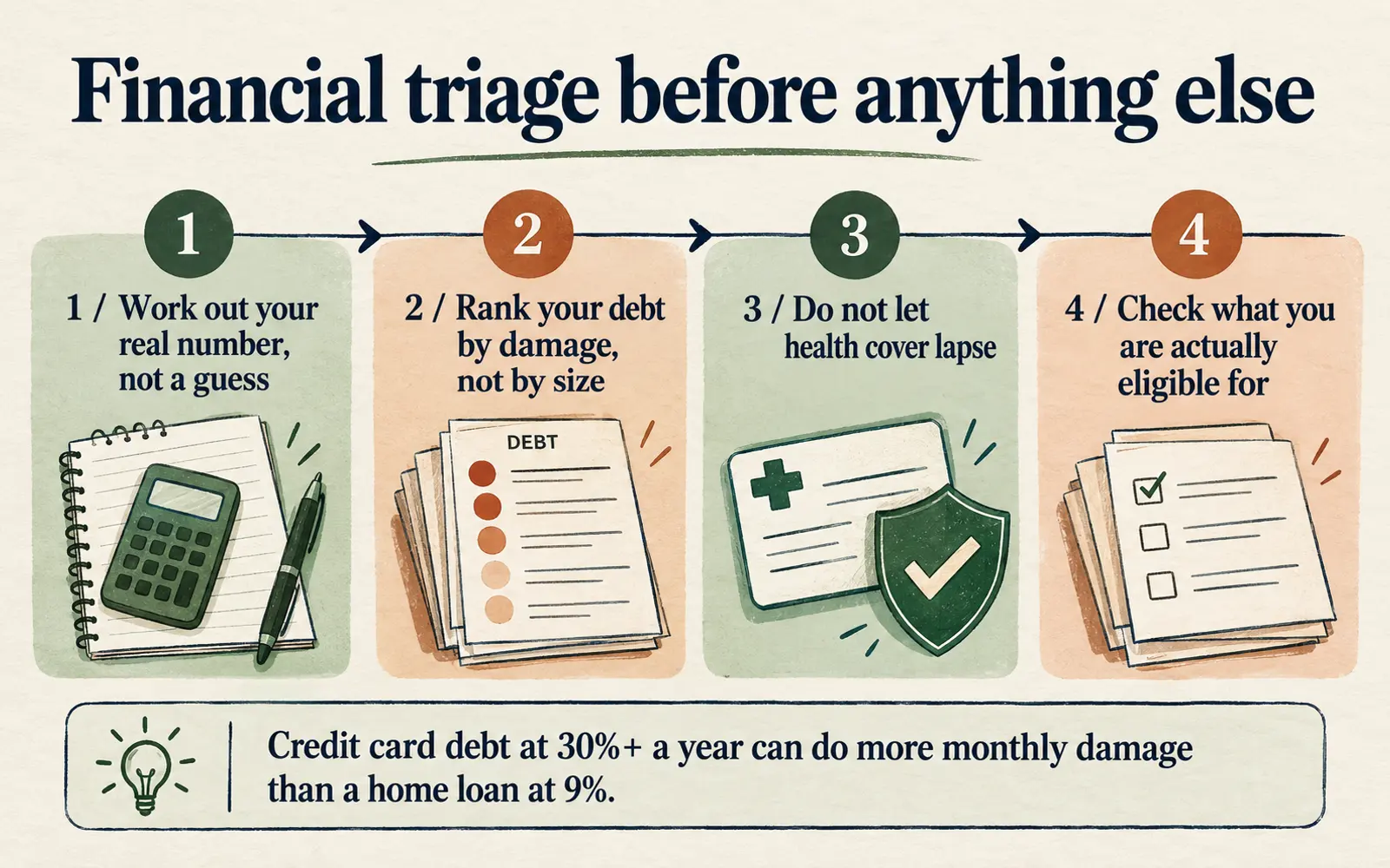 Four-step financial triage timeline covering runway, debt damage, health cover and eligibility checks